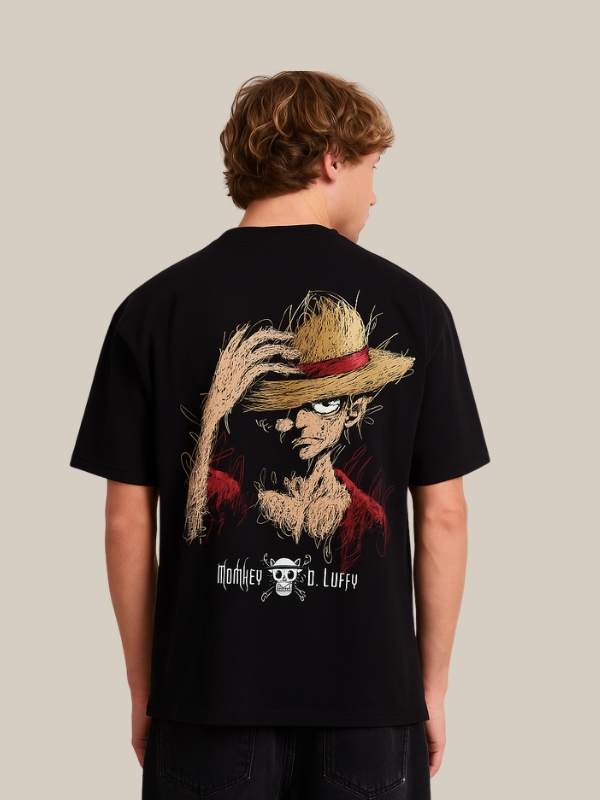 Monkey D. Luffy Sketch Oversized Black T-Shirt