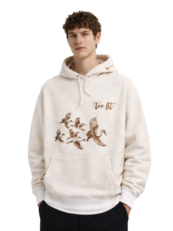 Too Fit Off-White Oversized Hoodie with Artistic Embroidery